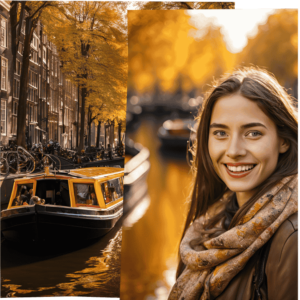 Amsterdam’s canals with autumn leaves in the background.