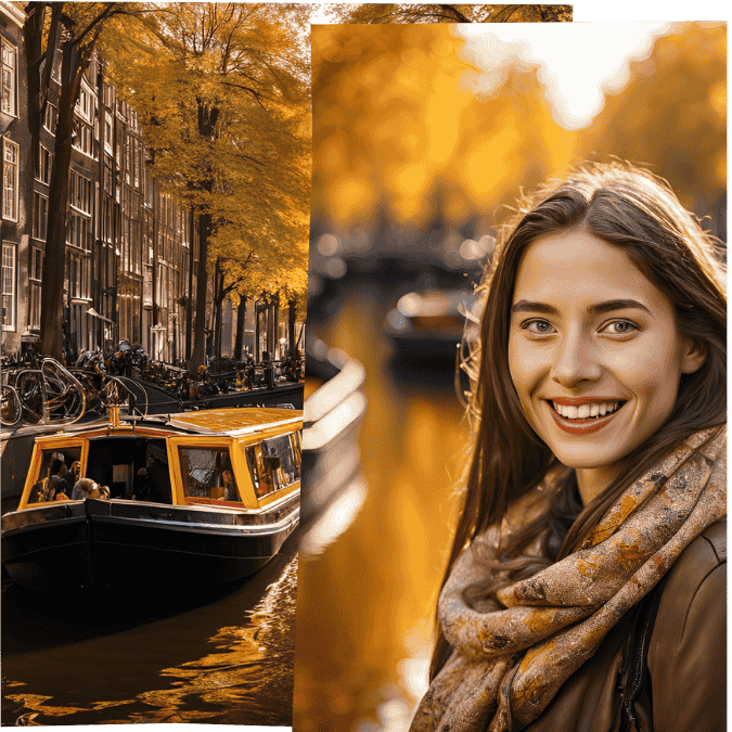 Amsterdam’s canals with autumn leaves in the background.