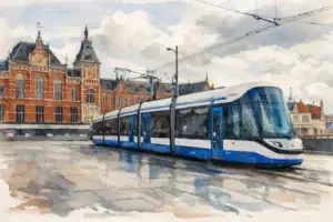 amsterdam-gvb-tram-central-station-watercolor-illustration