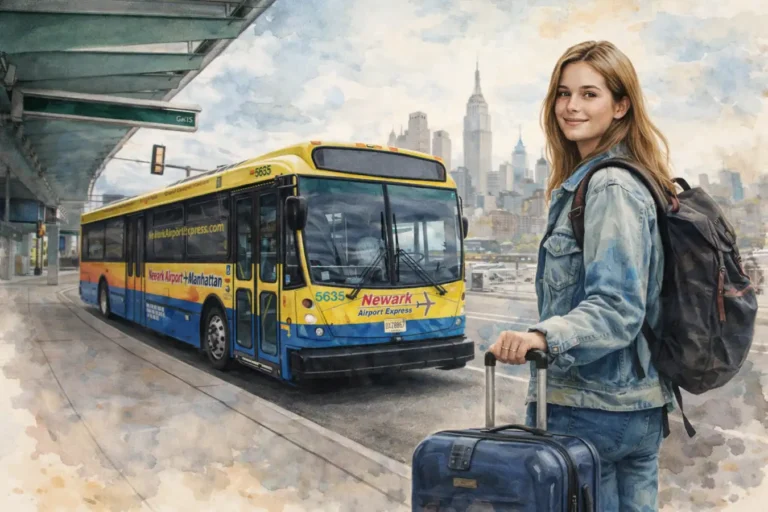 newark-airport-bus-manhattan-girl-luggage