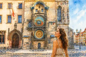 prague-astronomical-clock-watercolor-girl