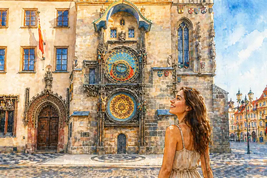 prague-astronomical-clock-watercolor-girl
