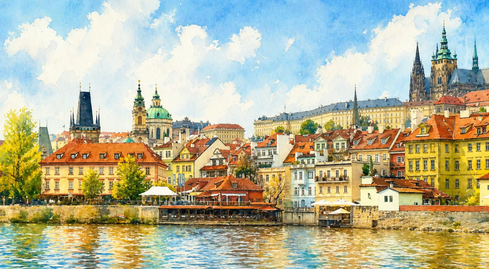 prague-riverside-watercolor-sunny-day