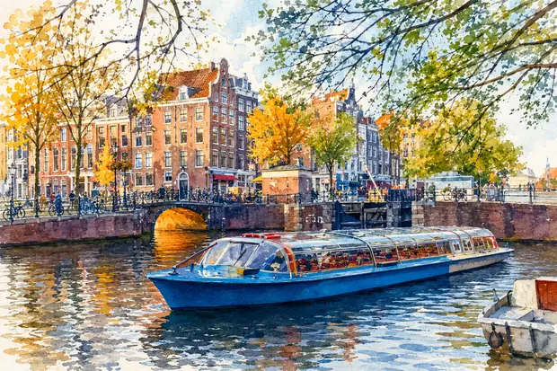 amsterdam-canal-boat-watercolor-illustration