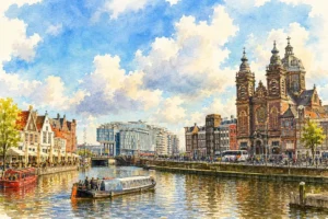 amsterdam-canal-church-watercolor-illustration
